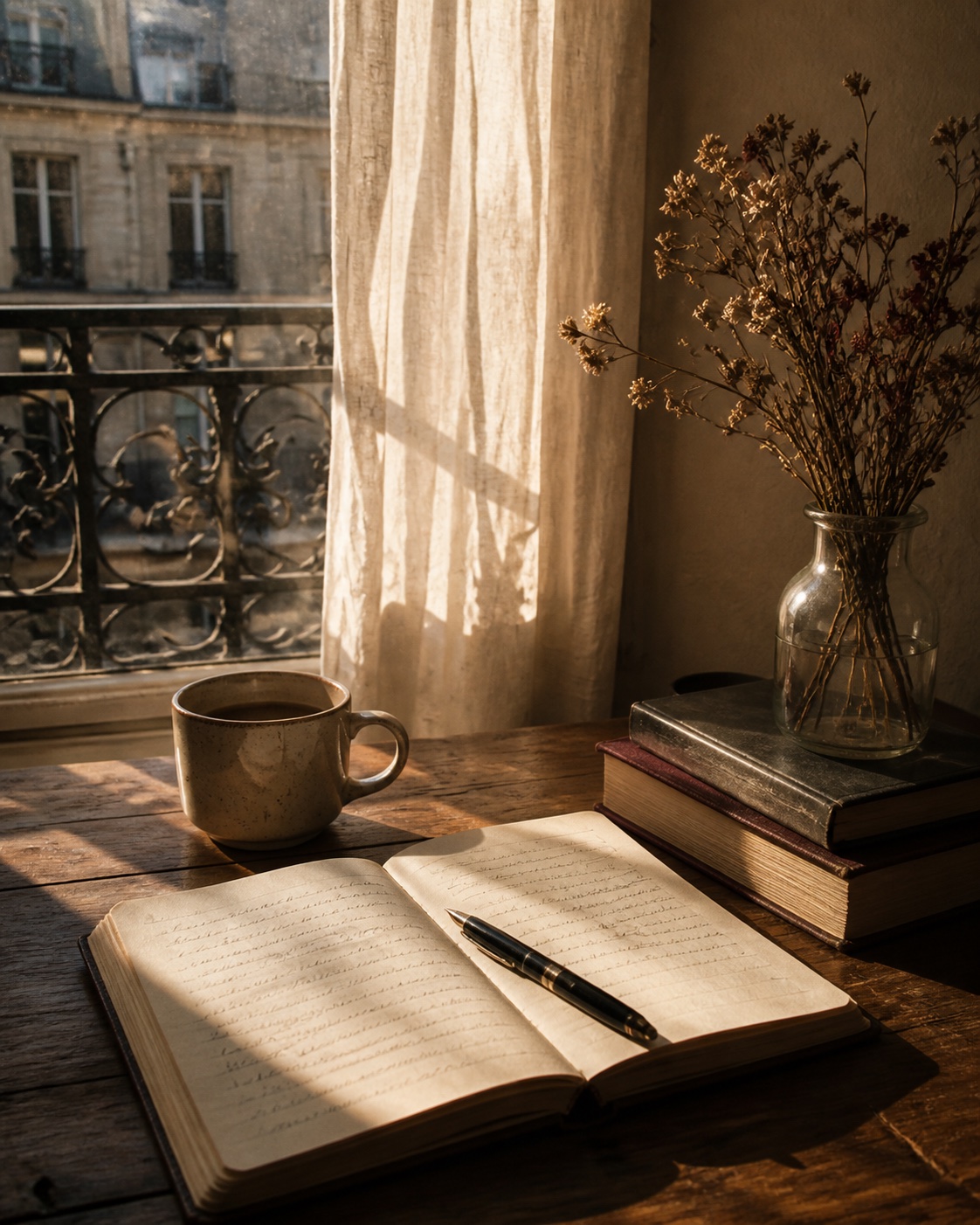 Diario abierto junto a una ventana iluminada, con café, libros y flores secas